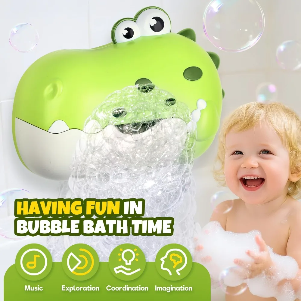 음악 공룡 거품 기계 녹색 내구성 아기 목욕 거품 장난감 공룡 모양 경량 아기 목욕 물 장난감