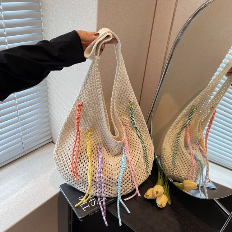 

Летняя сетчатая сумка 2025: соломенная пляжная сумка для женщин, сетчатая сумка через плечо в стиле бохо с ручным стилем для отпуска ​