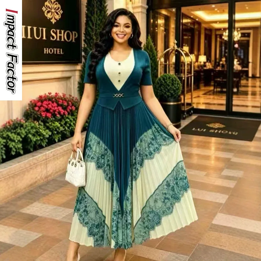 

Miyake 2026 Summer New V-neck Printed Dress Button Decorative Temperament Thin Elegant Pleated Dress