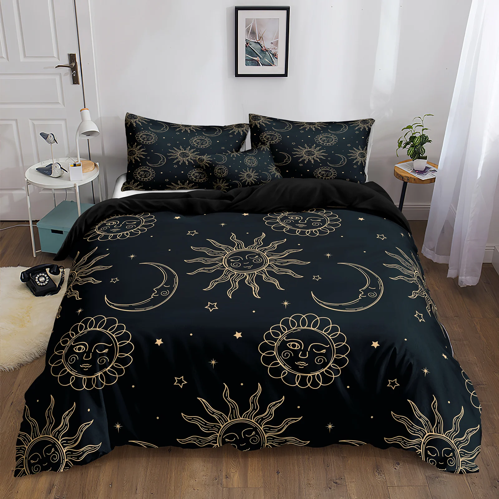 Moon Star Sun Printed Duvet Cover Set Universe Bedding Set Black Mysterious Comforter Cover Set Modern Bed Cover for Boys Home