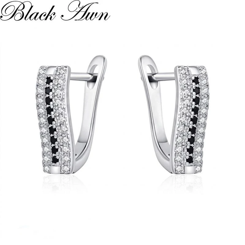 Black Awn Classic Silver Color Round Black Trendy Spinel Engagement Hoop Earrings for Women Jewelry Bijoux I308
