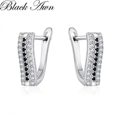 Black Awn Classic Silver Color Round Black Trendy Spinel Engagement Hoop Earrings for Women Jewelry Bijoux I308