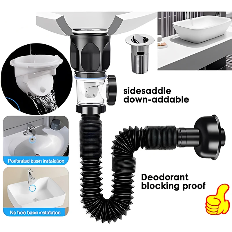 Flip-Top Anti-Odor Drain Pipe Set for Kitchen Sink Retractable Flexible Easy Clean Design Clog Prevention