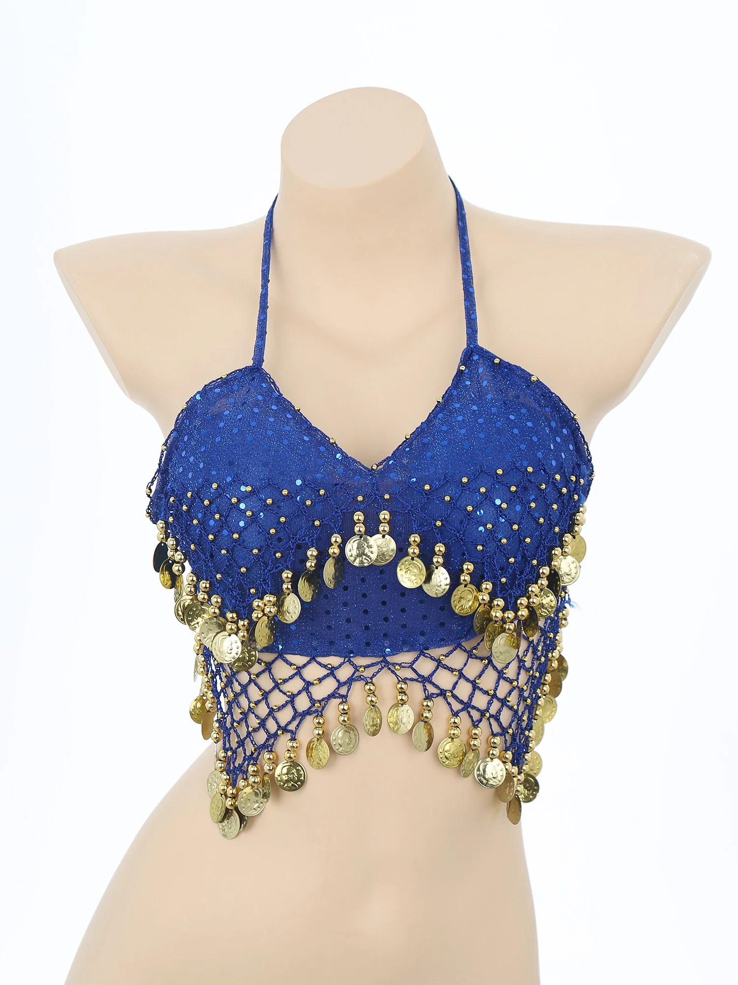 Women Glisten Beads Belly Dance Halter Bra Top Shiny Sequin Mesh Tassel Lace-up Dance Crop Top Jazz Latin Performance Costume