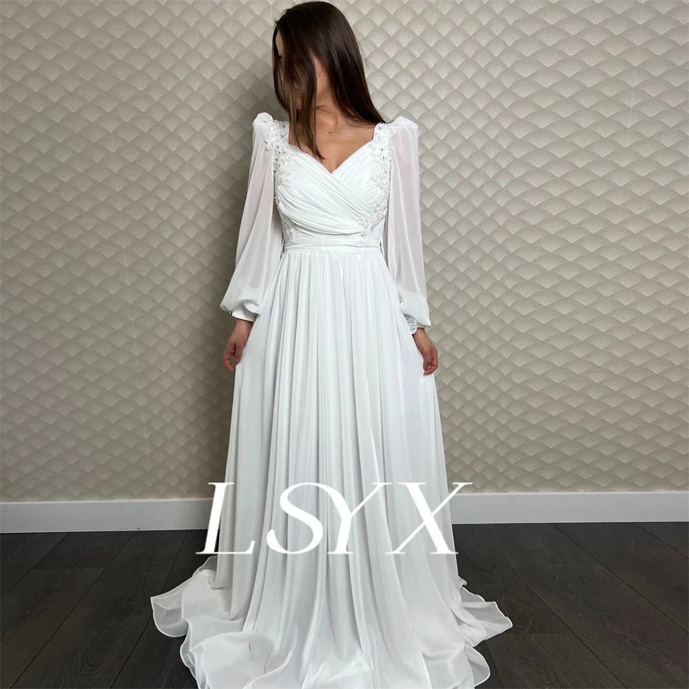 LSYX-Robe de Mariée en Mousseline de Soie, Col en V, Manches sulfÉvasées, Ligne A, Plis, Fermeture Éclair au Dos, Train, Patients, Sur Mesure