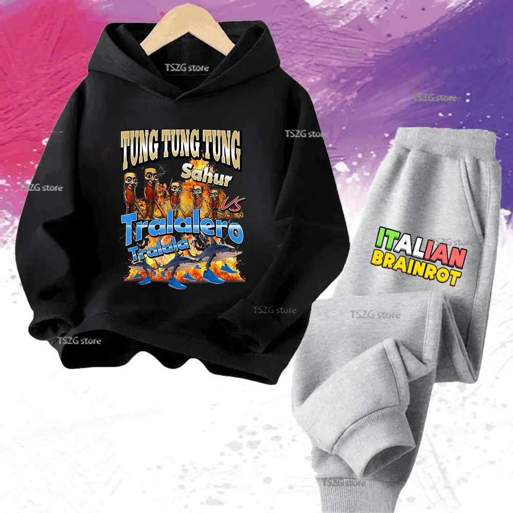 الأطفال الإيطالية Brainrot الحيوان متعة طباعة الاطفال هوديي السراويل دعوى 2 قطعة مجموعة البلوز الخريف موضة بنين بنات مقنعين Pullove