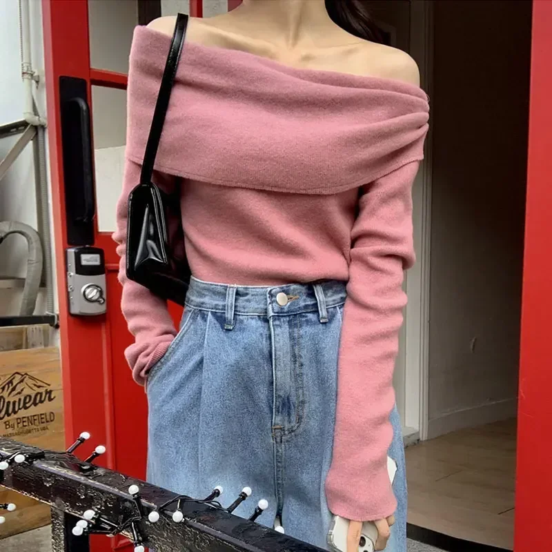 Komiyama Feminino Off Shoulder Slash Neck Sweater Women Long Sleeve Knitwears Spring AutumnY2k Clothes Elegant Pullover Tops