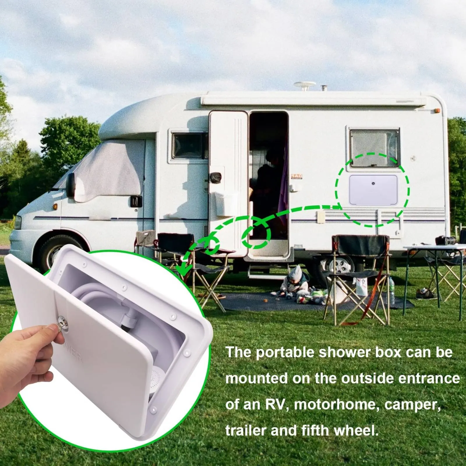 RV Exterior Shower Box Compact RV Outdoor Shower Kit Camping Gear Lockable Rotatable Elbow Connector for Campers, Travel