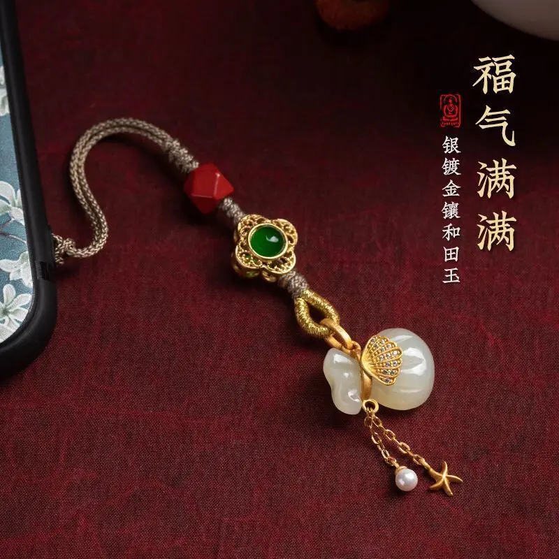 

Blessed Pure Silver Inlaid Hotan Jade Blessing Bag, Mobile Phone Pendant With High Content Of Imperial Sand