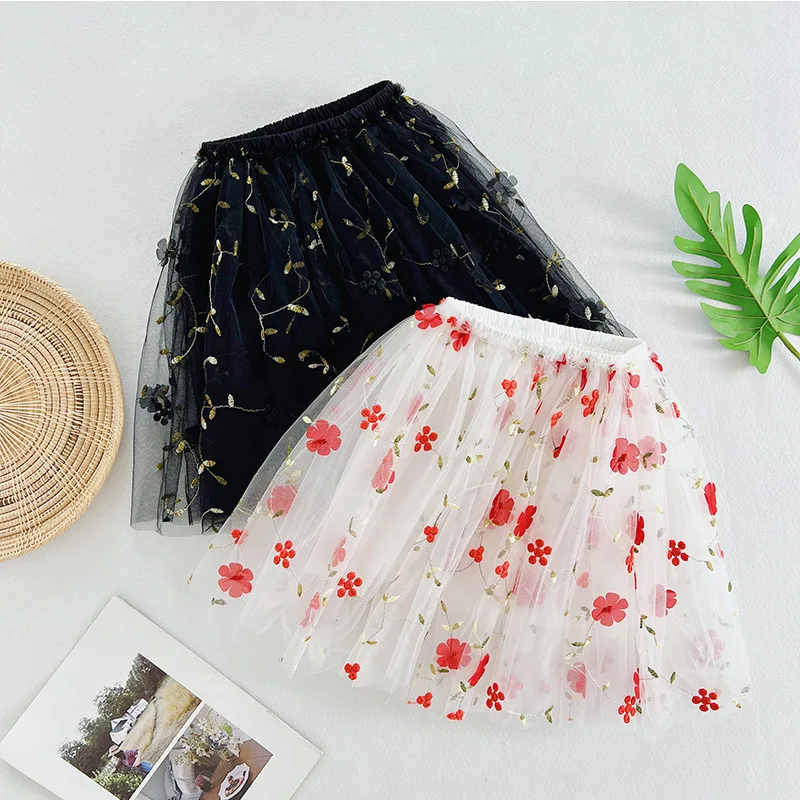

Лето 2022, новые детские сетчатые юбки с цветочной вышивкой, юбка-пачка для выступлений для девочек, плиссированная юбка принцессы