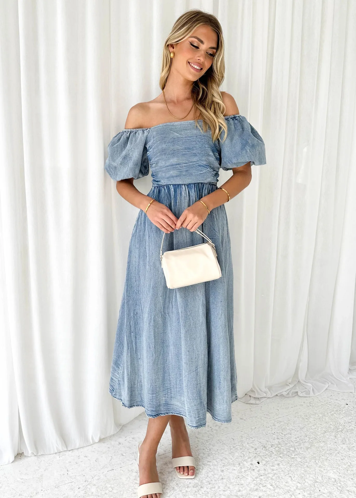 2024 New Spring Summer Vintage Off Shoulder Puff Short Sleeve Blue Color Denim Dress