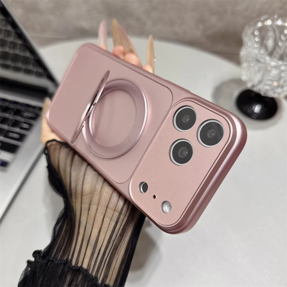 

Metallic Paint Magnetic Folding Stand Phone Case For iPhone 17 16 Pro Max 15 14 Plus 13 12 11 Metal Bracket Camera Protect Cover