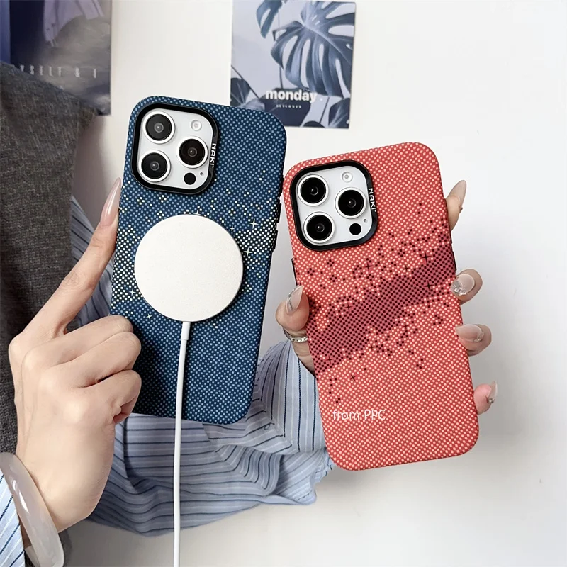 별이 빛나는 하늘 격자 무늬 도트 맥세이프 후면 커버, 아이폰 15, 14, 숨겨진 자석 쉘, 블랙 프레임 카메라, 럭셔리 카카사스, 16 프로 맥스 케이스