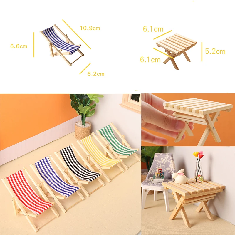 Mini Desk Beach Chair 1:12 Dollhouse Miniature Table  Model Wooden Ornament Toys Doll House Accessories  Decoration OB11