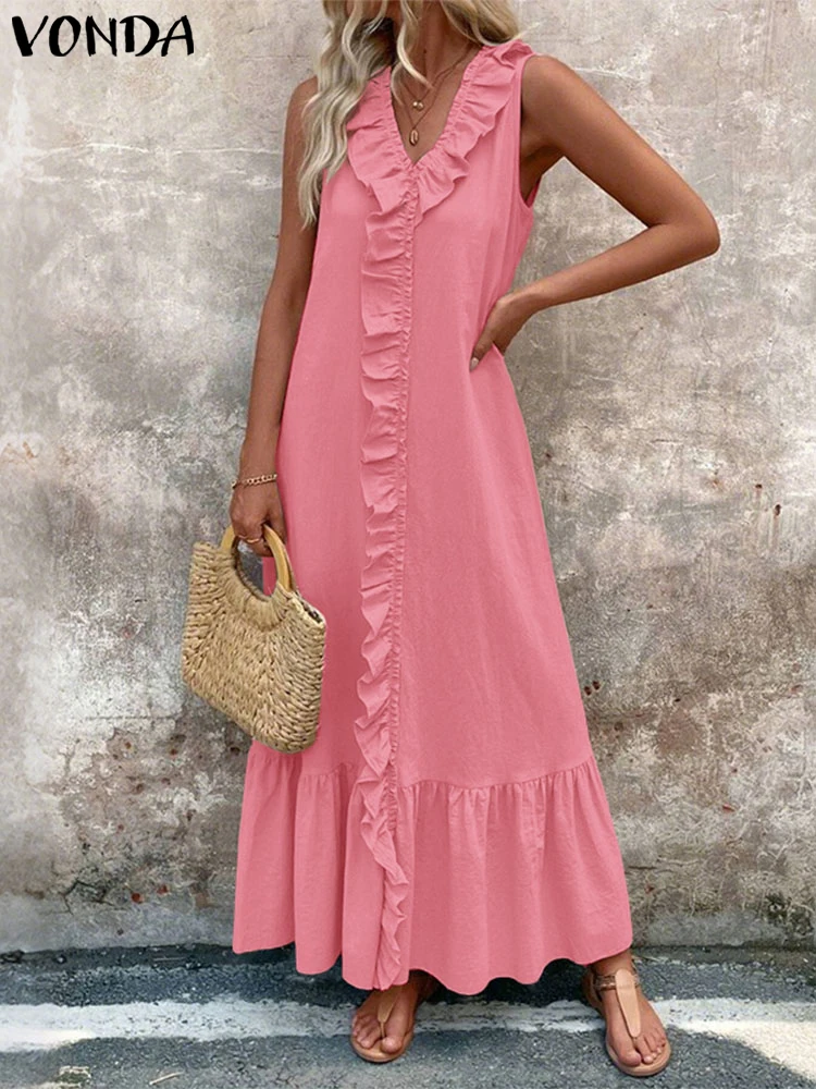 VONDA 여름 드레스 여성 민소매 섹시한 프릴 맥시 베스 티드 2025 패션 v 넥 캐주얼 솔리드 컬러 비치 롱 탱크 Sundress