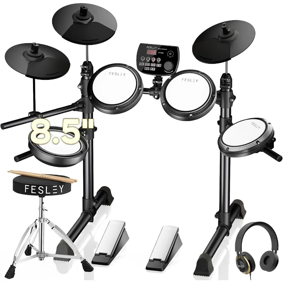

Fesley FED150W Electric Drum Set: Dual Zone Snare Drum with 2 Cymbals w/Choke 200 Sounds 4 Quiet Mesh Drum Pads Portable Electr