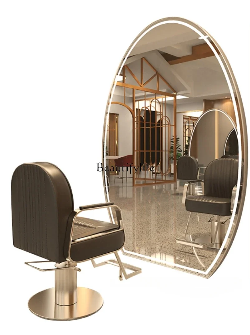 

ls 04Barber Shop Oval Mirror against the Wall Single-Sided Semicircle Hairdressing Floor Dressing Table with Light