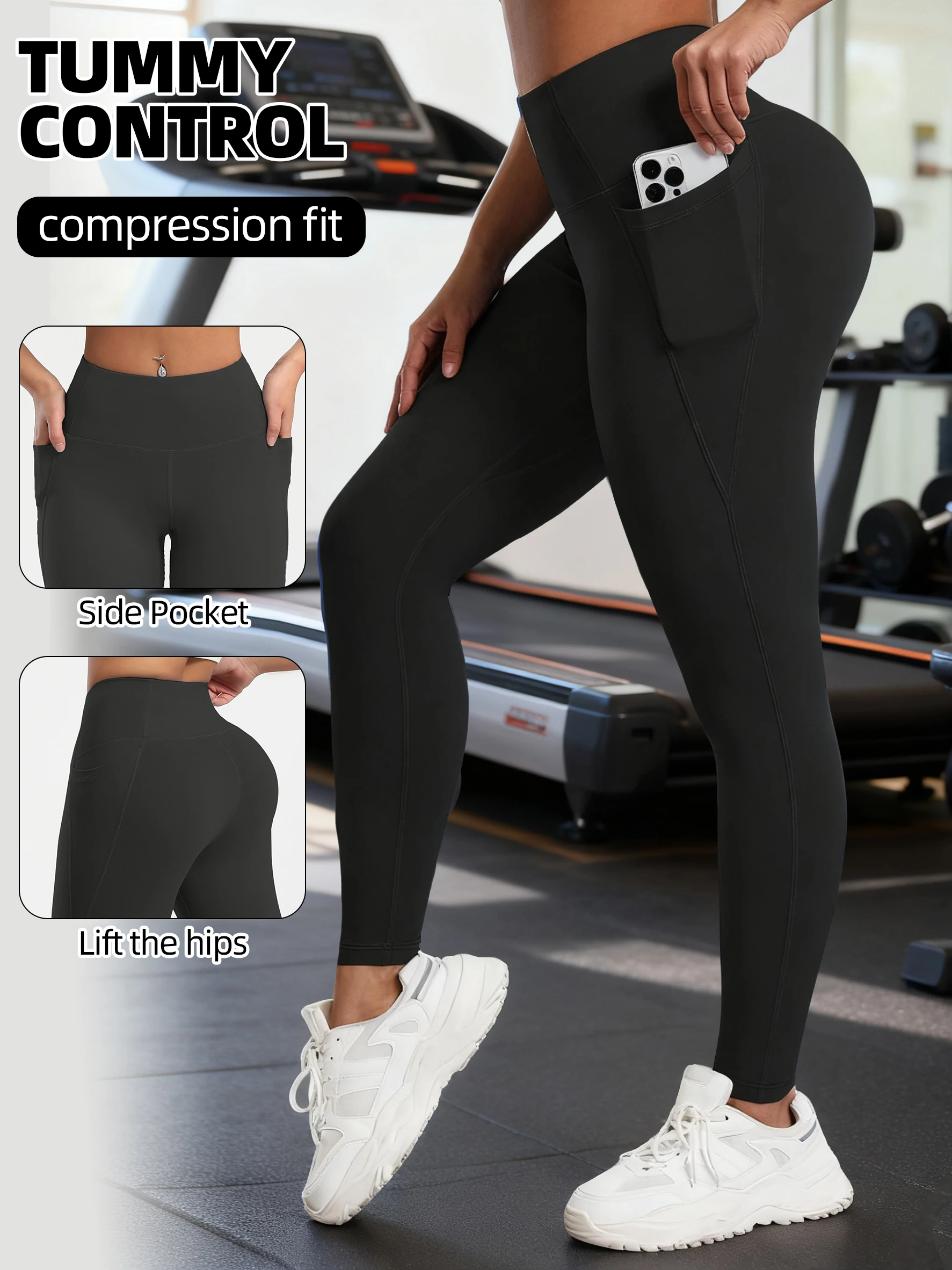 Solid Color Pockets High Waist Yoga Leggings Women's Sport Running Fitness Long Tights Butt Lifting Running Cycling Tight Fit Pa