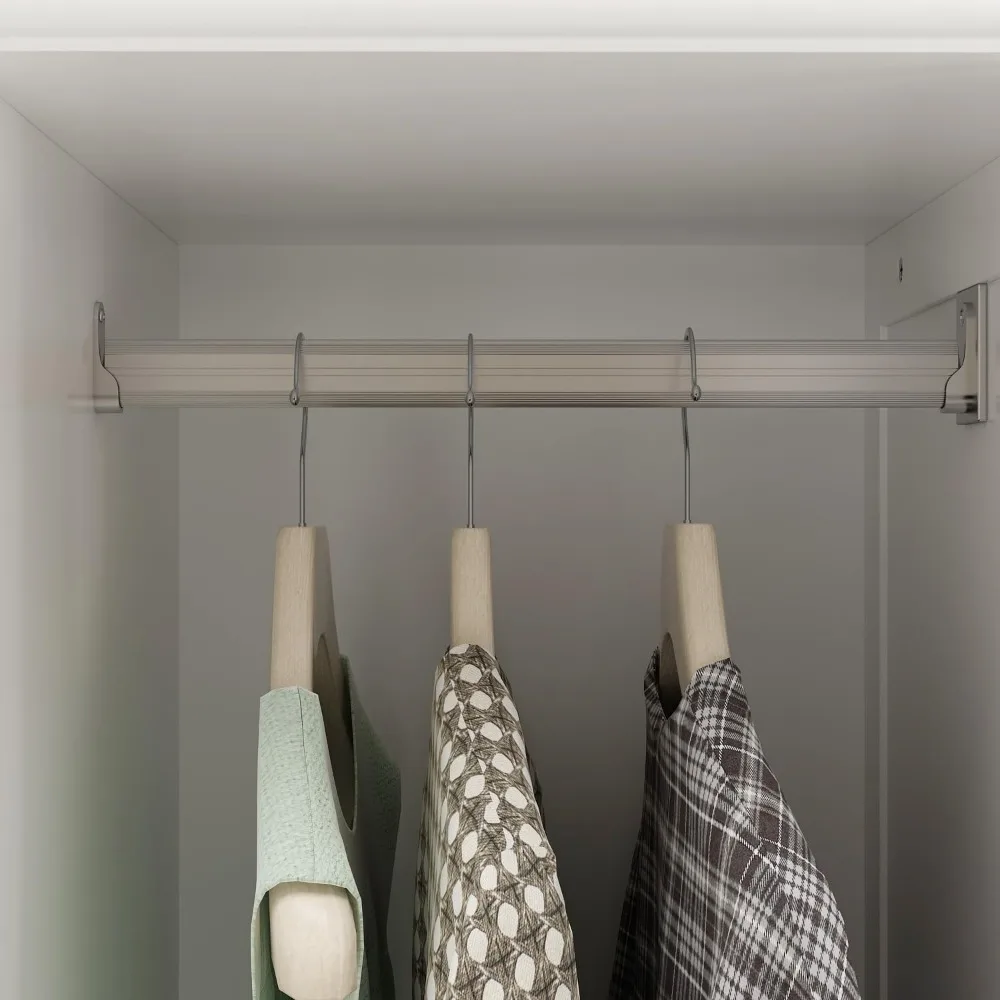 خزانة ملابس ببابين مع قضيب تعليق وأدراج ورفوف، وخزانة تخزين خشبية حديثة قائمة بذاتها مع خطوط منحوتة