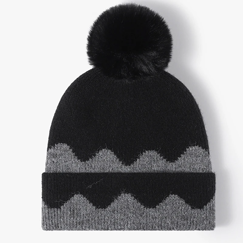 

winter hats for women thickened striped knitting beanies fleece-lined double layers cute fur pompom beanies for women
