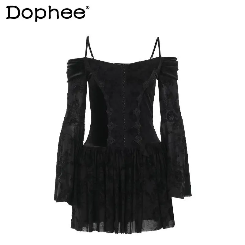 

French Elegant Retro Original Lolita Dark Lolita Sexy Off-Shoulder Strap Dress Slim Fit Waist Flared Sleeve Dress for Women