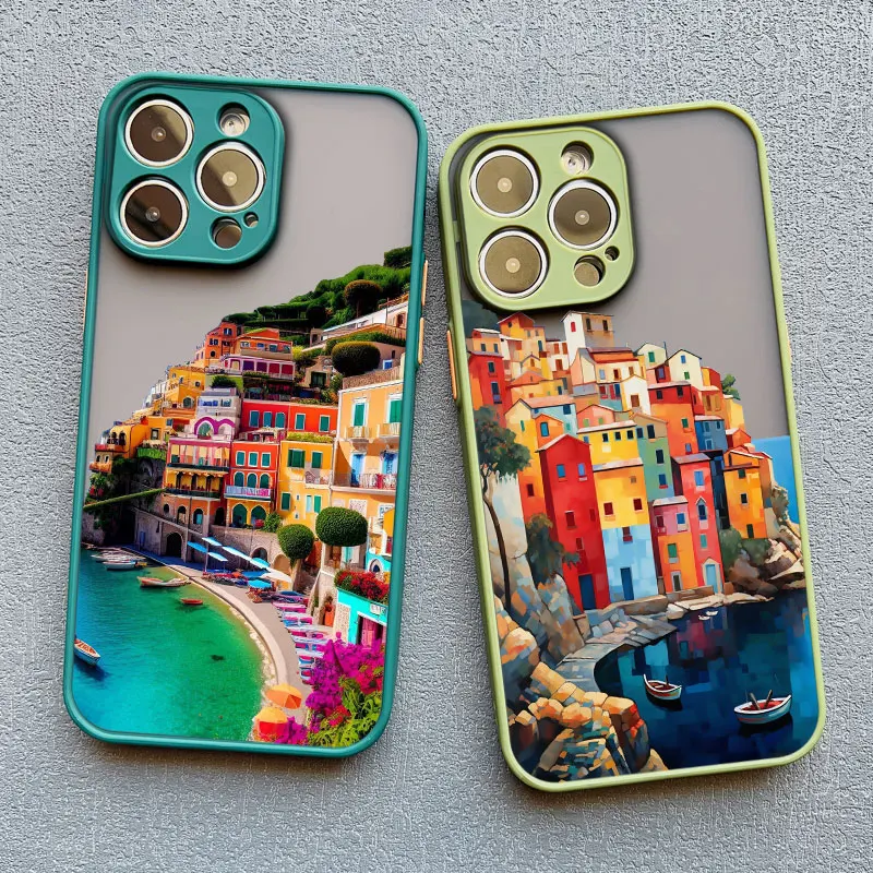 Cartoon Colourful Hand Painted Seaside House Phone Case For iphone X XR XS 15 14 11 13 12 Pro Max Mini 7 8 Plus Shockproof Cover