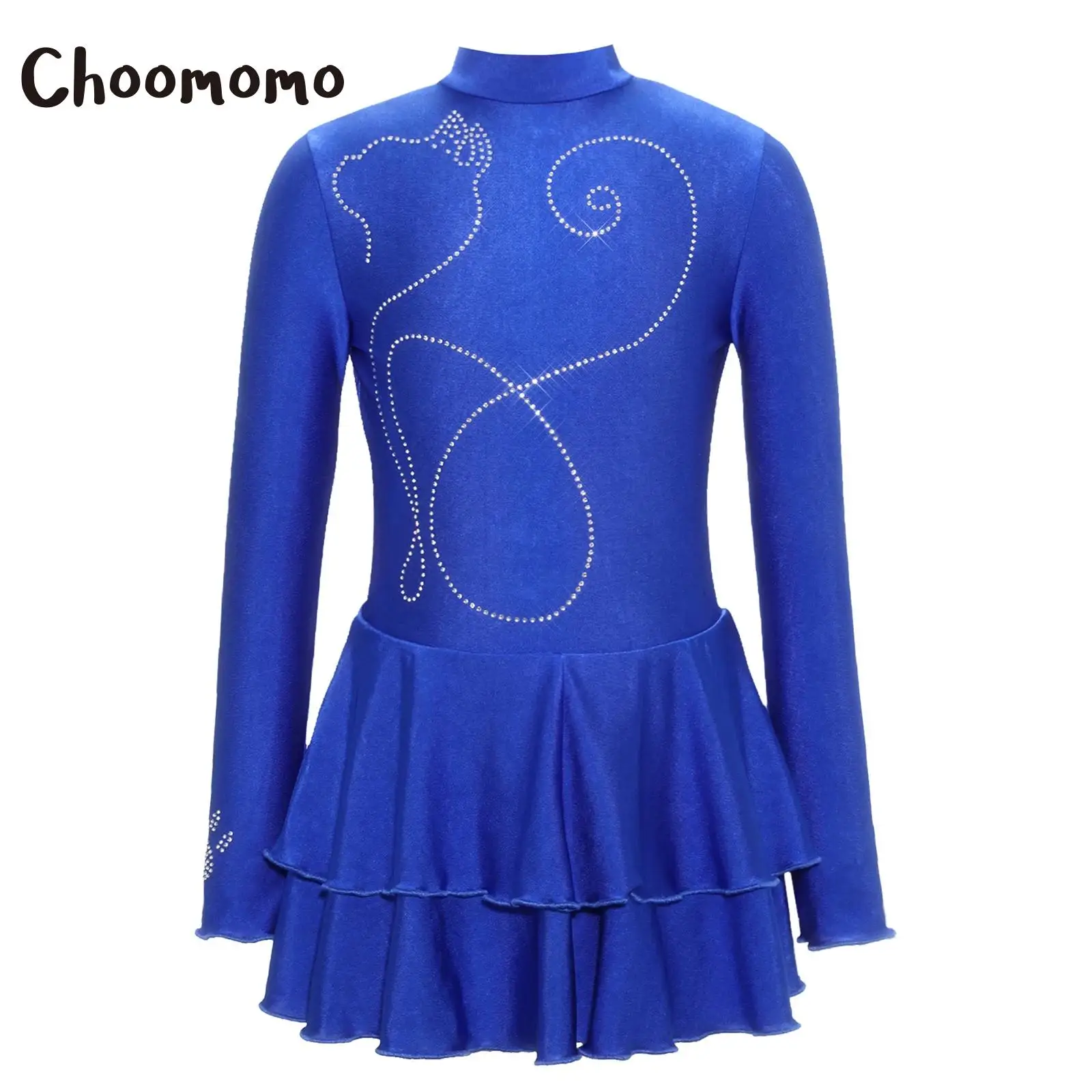 

Girls Figure Skating Leotard Dress Mock Neck Long Sleeve Tiered Ruffled Rhinestones Gymnastics Ballet Dance Performance Costume