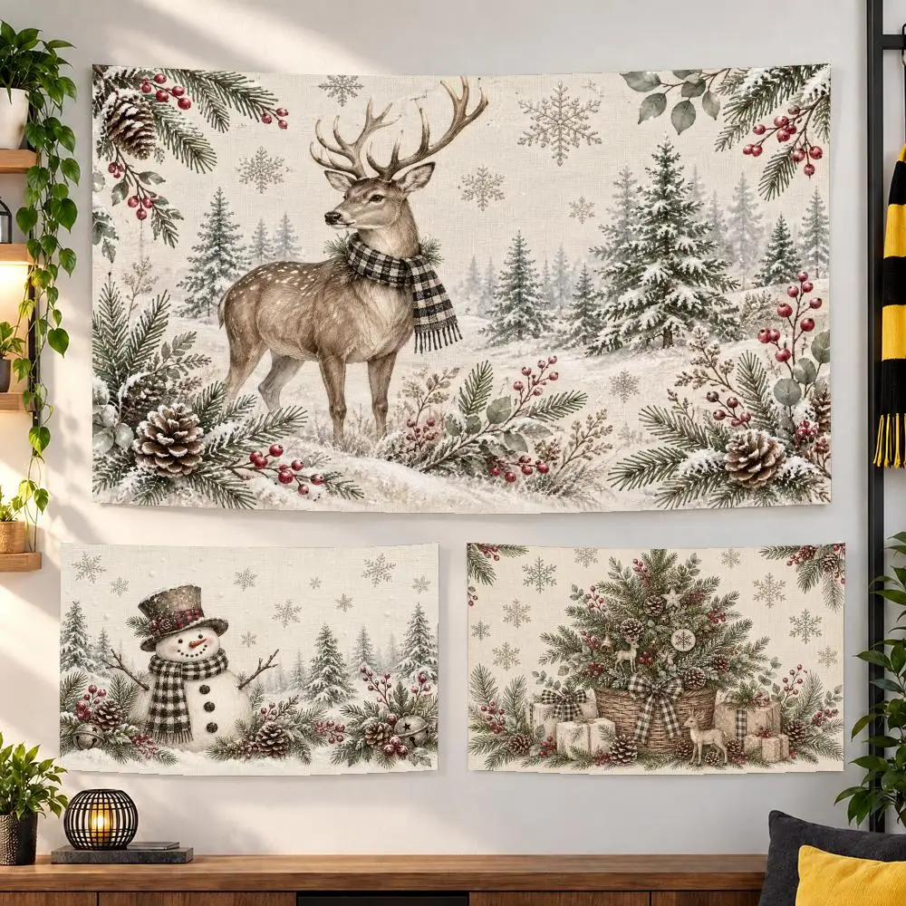 Christmas Snowman Reindeer Tapestry Durable Soft Microfiber Horizontal Wall Hanging Decor For Bedroom Patio Garden Parties