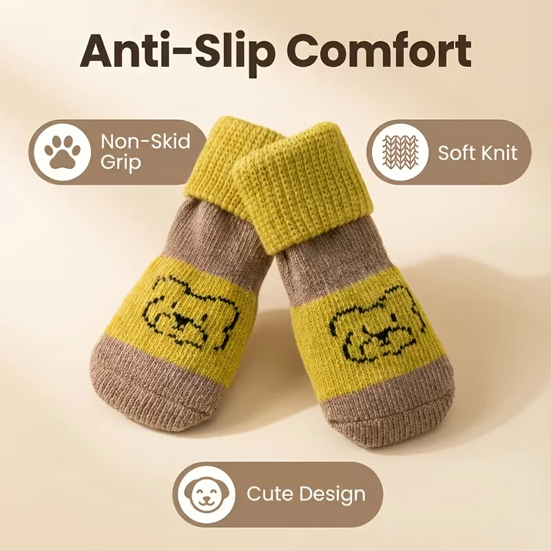 4pcs/set Cartoon Pattern Pet Anti-slip Socks Soft Comfortable Pet Foot Cover Elastic Pet Footwear Autumn Winter view 4