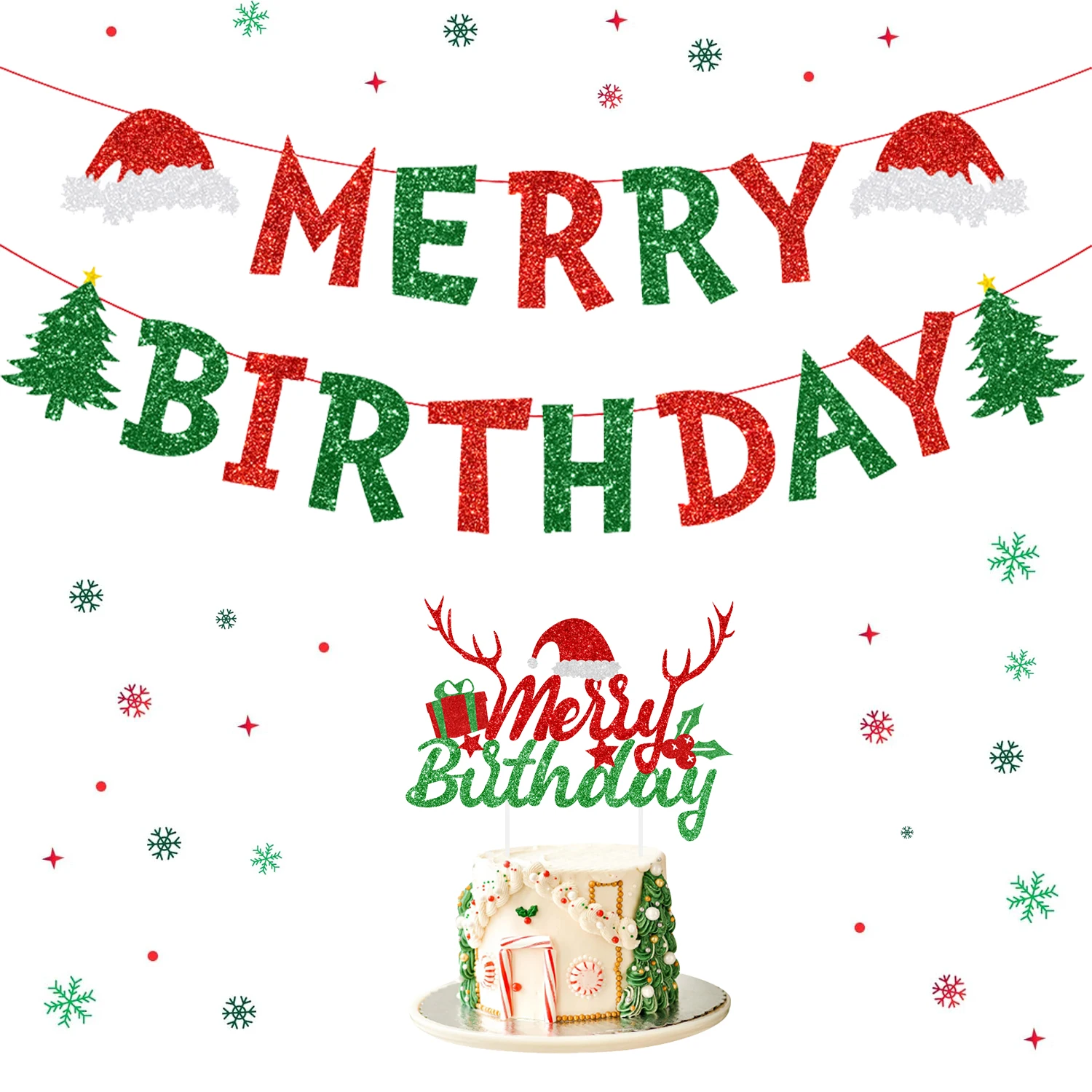 

Merry Christmas Banner Cake Topper, Birthday Party Decorations, Xmas Eve, Winter Holiday Supplies