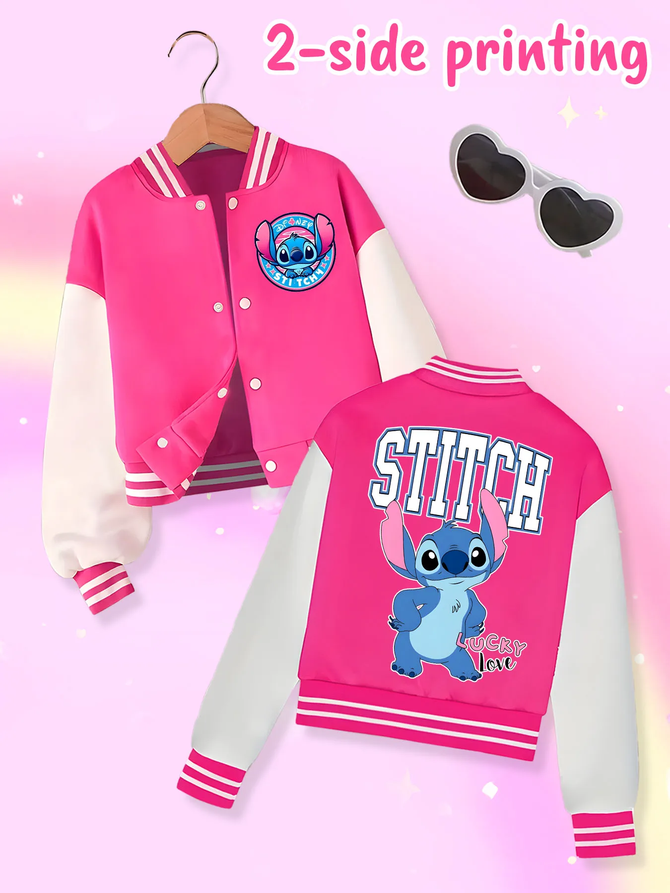 Disney fashion trend baseball jacket, suitable for daily sports and casual wear, printed with cute Stitch pattern, nice gift.