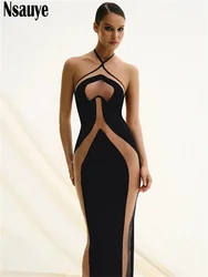 Nsauye Sexy Halter Women Night Club Y2K Striped Evening Party Long Dress Bodycon Backless Chic Fashion Elegant Hollow Out Dress