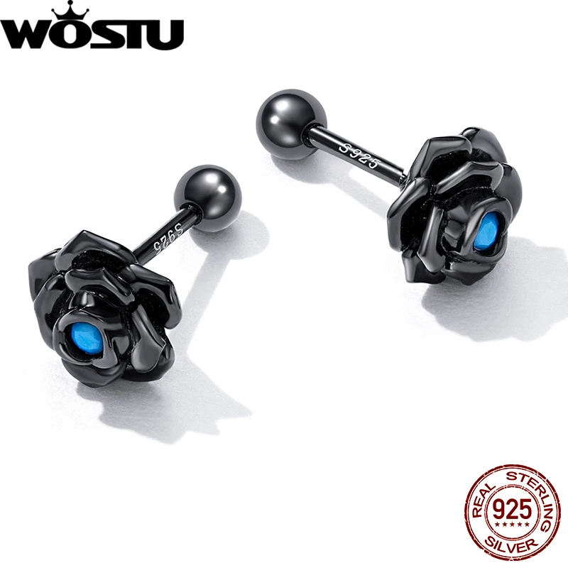 

WOSTU 925 Sterling Silver Black Rose Flower Stud Earrings For Women Vintage s925 Turquoise Ear Studs Female Cool Jewelry FIE1401