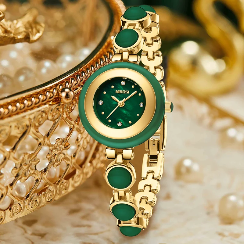 

NIBOSI Luxury Elegance Ladies Watch with Sparkling Rhinestones Simple Quartz Bracelet Famele Jade Wristwatch Relogio Feminino