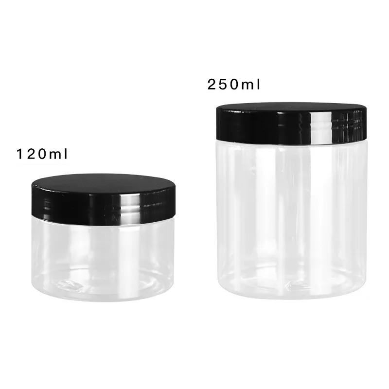 24Pcs 68Dia. 120ml 150ml 200ml 250ml Refillable Clear Empty Pot Cream Jar Black Lid Packaging Cosmetic Container Plastic Jars