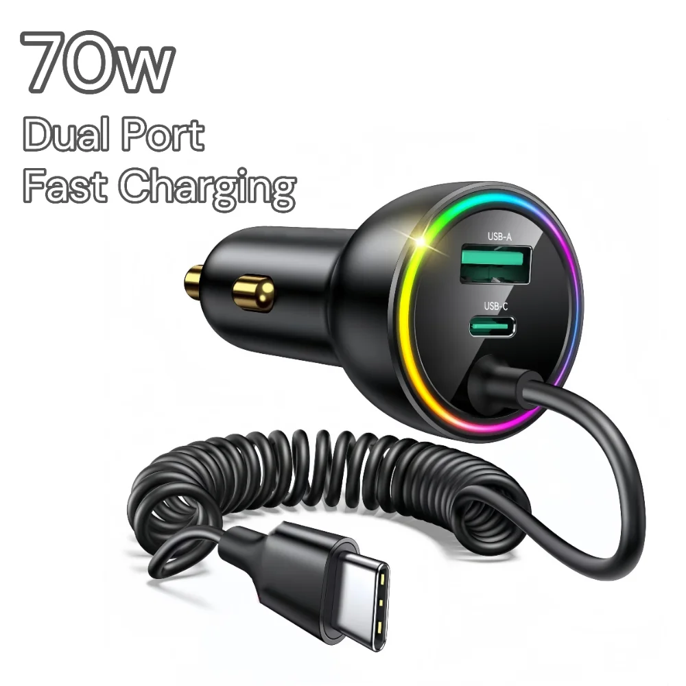 

70W USB C Type-C Car Charger Super Fast Charge LED Light Spring Charging Cable Black for iPhone 16 15 Pro Max