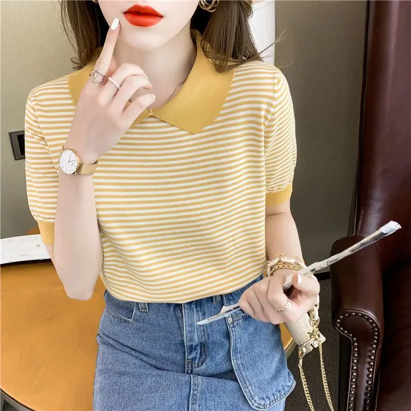 Summer New Sweet All-match Thin T Shirts Short Sleeve Striped Doll Neck Loose Contrast Tops Tees Korean Fashion Women Clothing