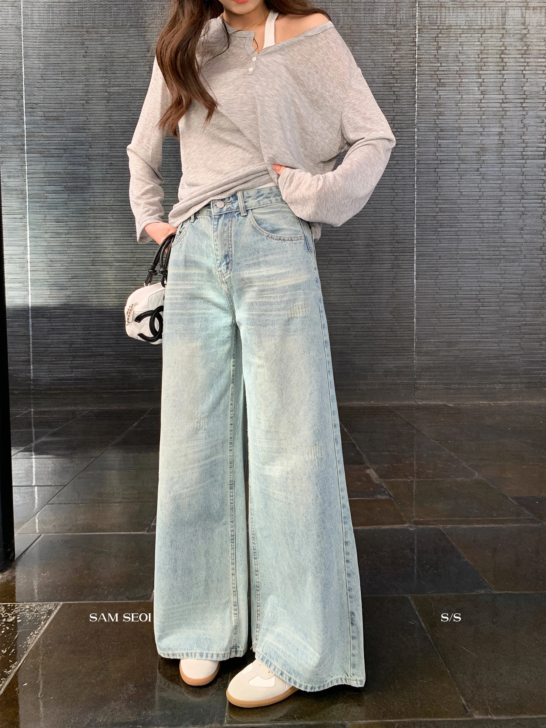 

Sam Seoi Wide Leg Straight Cut Jeans Women's Lazy Style Loose Fitting Floor Length Trousers High Waist Zipper Casual Spring