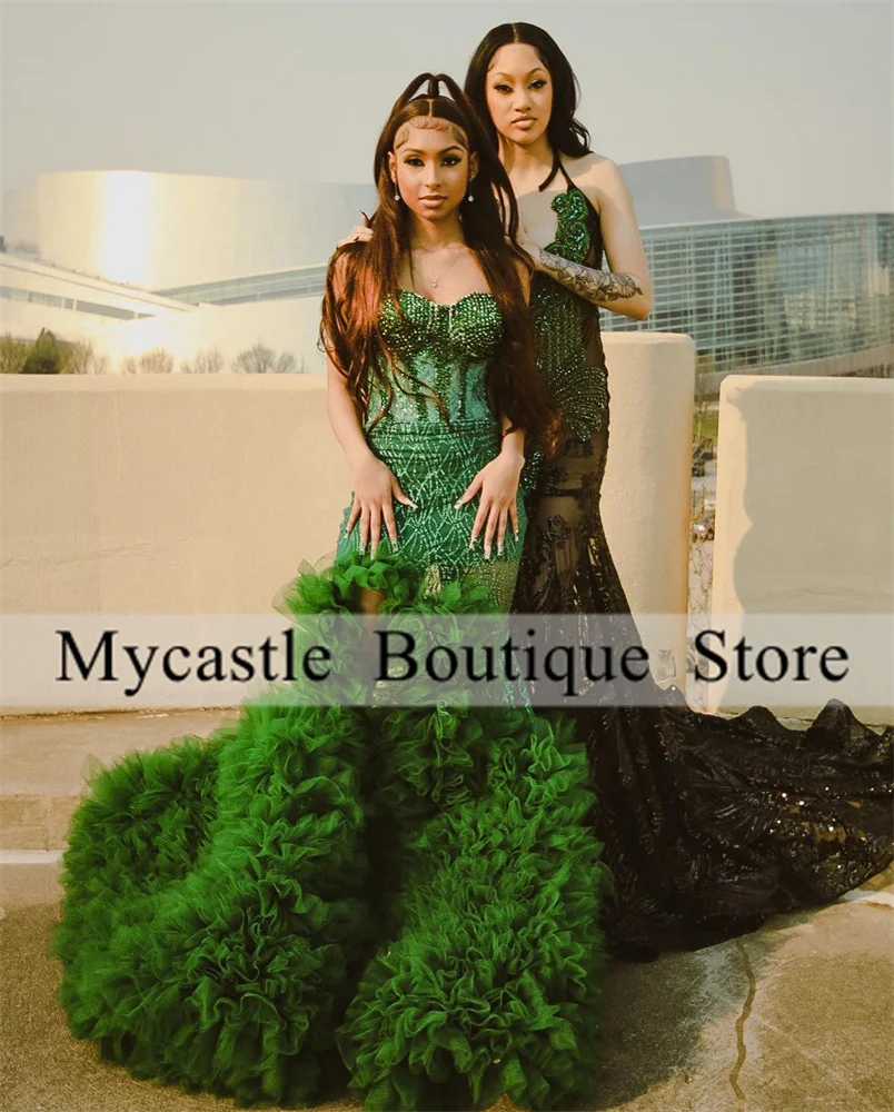 

New Arrivals Emerald Green Ruffles Mermaid Prom Dress For Black Girls 2025 Customized Beaded High Slit Birthday Party Gowns