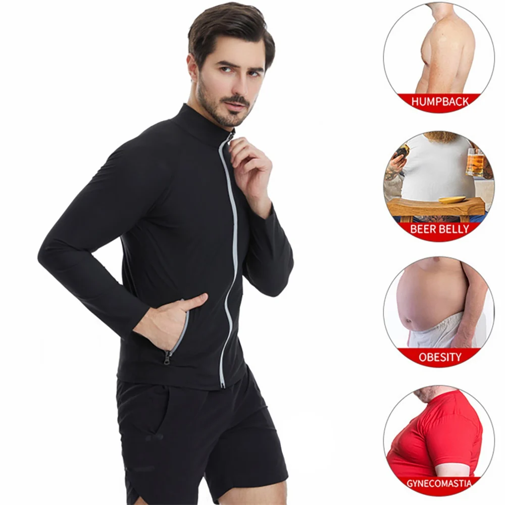 Tops de Sauna de entrenamiento para hombres, ropa deportiva de manga larga, moldeador de barriga, corrección de espalda, sudoración, chaqueta de