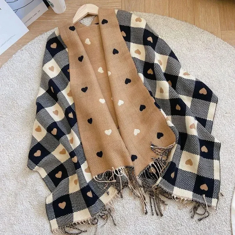 Cashmere Tassel Scarves Women Knitted Heart-pattern Plaid Lovey Girl Winter Scarf College Fashionable Leisure Shawl Wraps