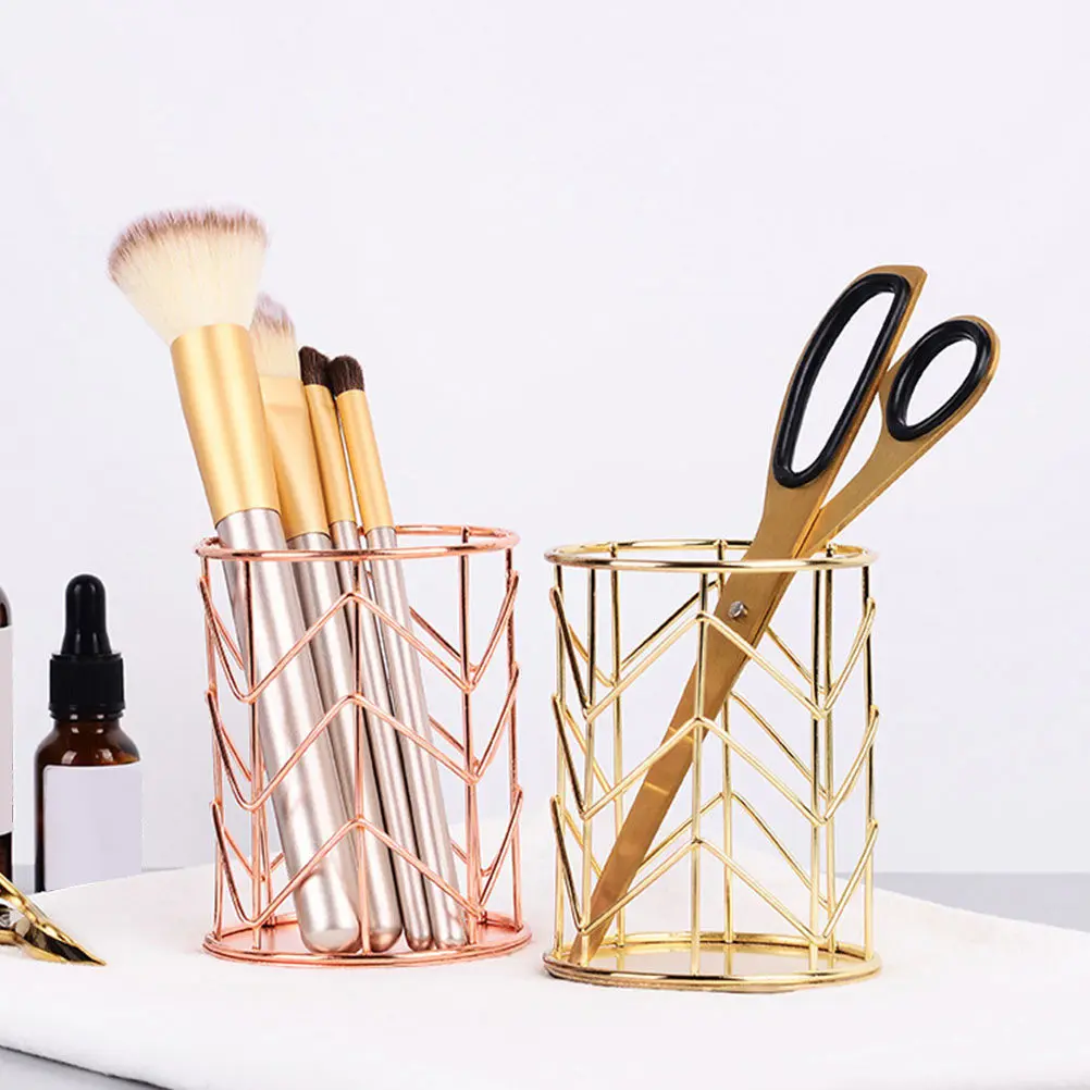 

2Pcs Shiny Iron Art Brush Holder Large Capacity Small Footprint Desktop Organizer for Makeup Brushes Eyeliners Nail