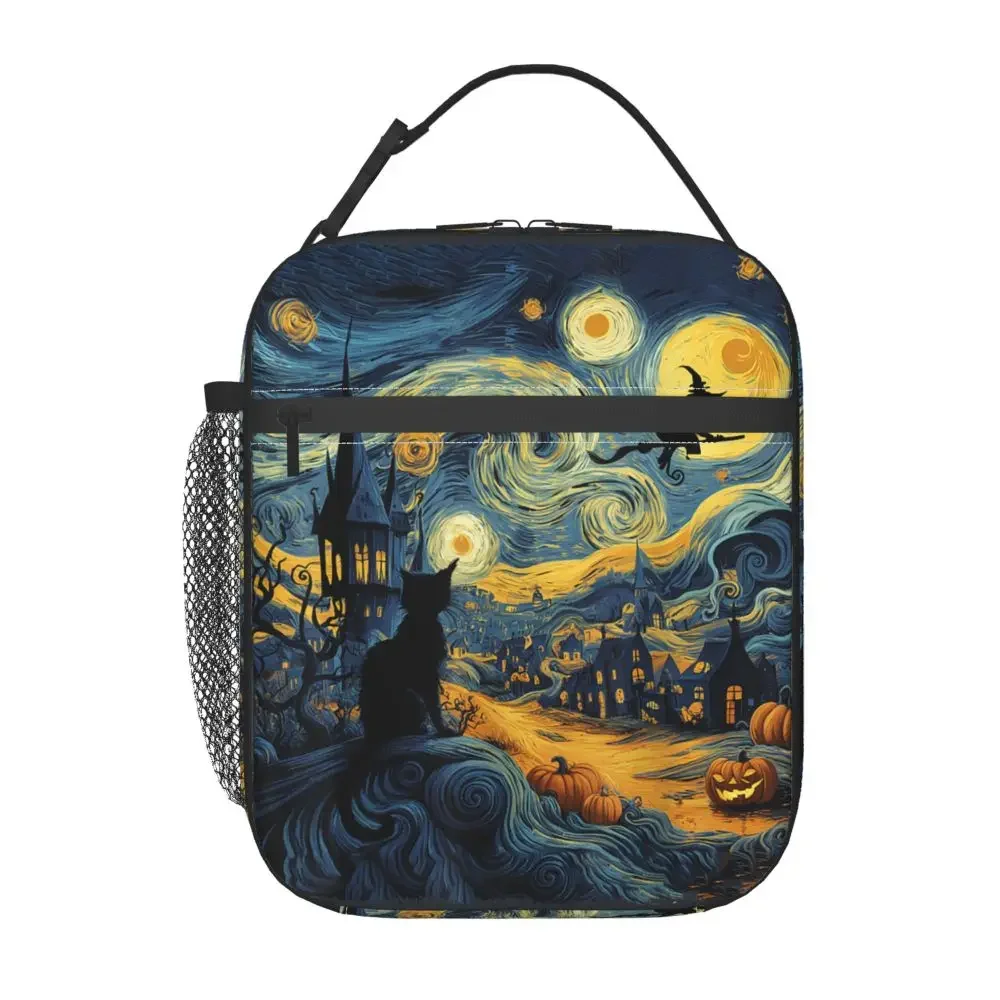 Cat Halloween Starry Night Pumpkin Gifts Lunch Bag Lunch Box For Adult Travel Convenient Cooler Bag Oxford Thermal Lunch Bags