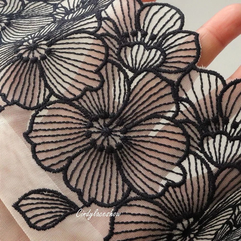 1Meter 19CM Width Black Flowers Embroidered Lace Trim Fabric Soft Pink Mesh For Bra Dress Sewing Garment Accessories Craft DIY