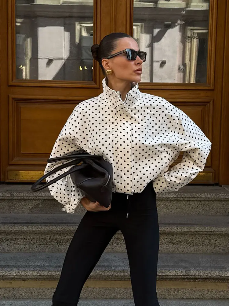 เสื้อโค้ทลายจุดสำหรับผู้หญิง แขนยาว ติดกระดุมและซิป สไตล์ลำลองหลวมๆ สำหรับฤดูใบไม้ร่วง ปี 2025 เหมาะสำหรับคุณแม่ตั้งครรภ์