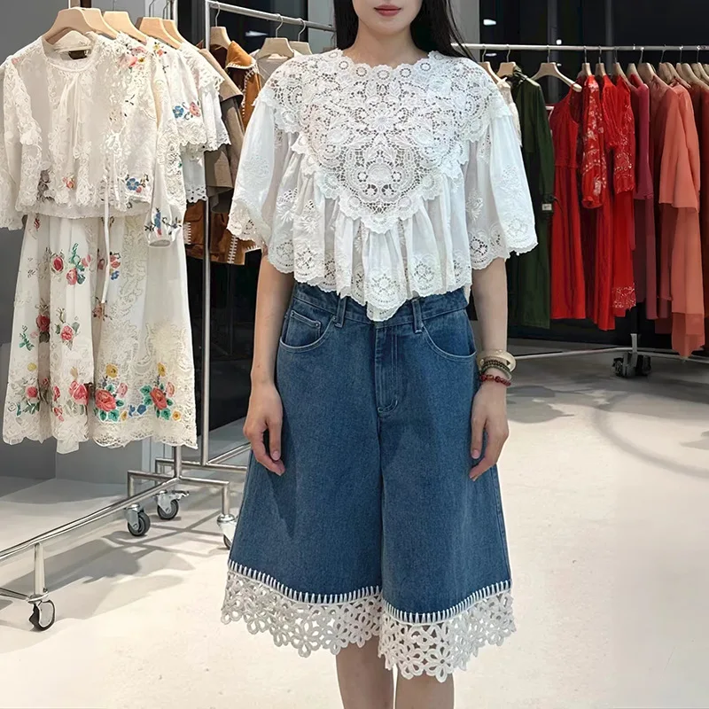 

Withered 2026 Summer Short Carved Hollow Lace Embroidery Semi-circular Arc Cute Pullover Top Blouses Women's Clothes Shirts Tops