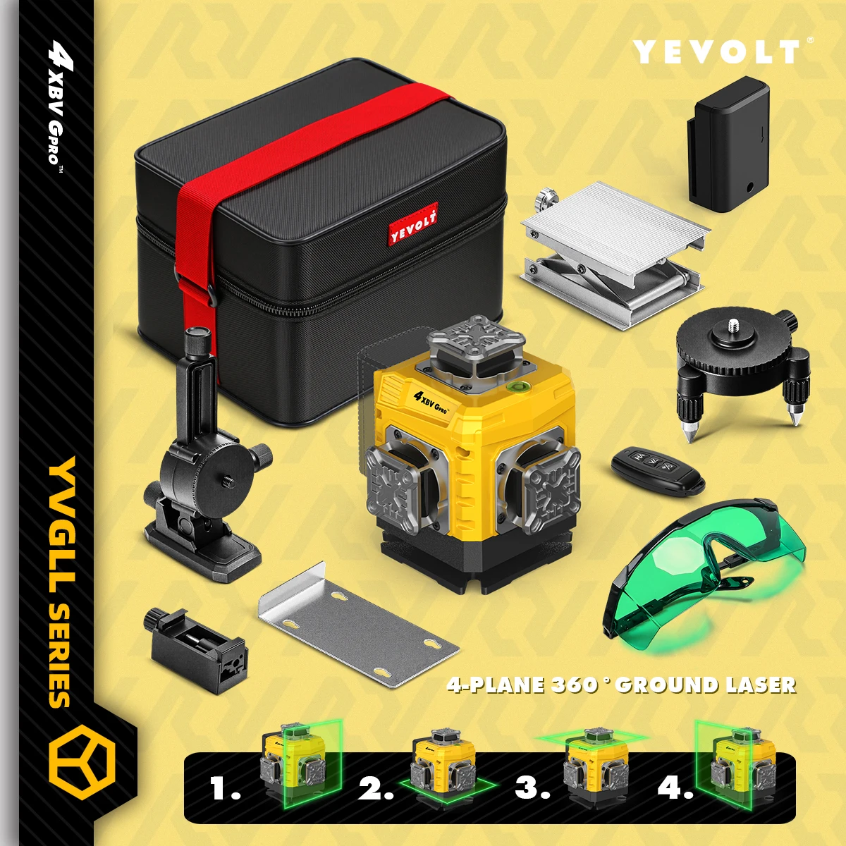 

​​YEVOLT 16-Line Laser Level YVGLL4XS16G - Strobe Flash for Laser Tracking, Eco Mode & Battery Display for Low-Light Work​