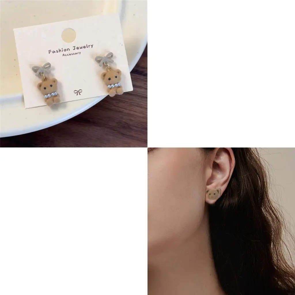 Elegant Coffee Bear Earrings Sweet Delicate Earrings Cartoon Bear Earrings Women Ear Jewelry Flocking Texture for Ladies