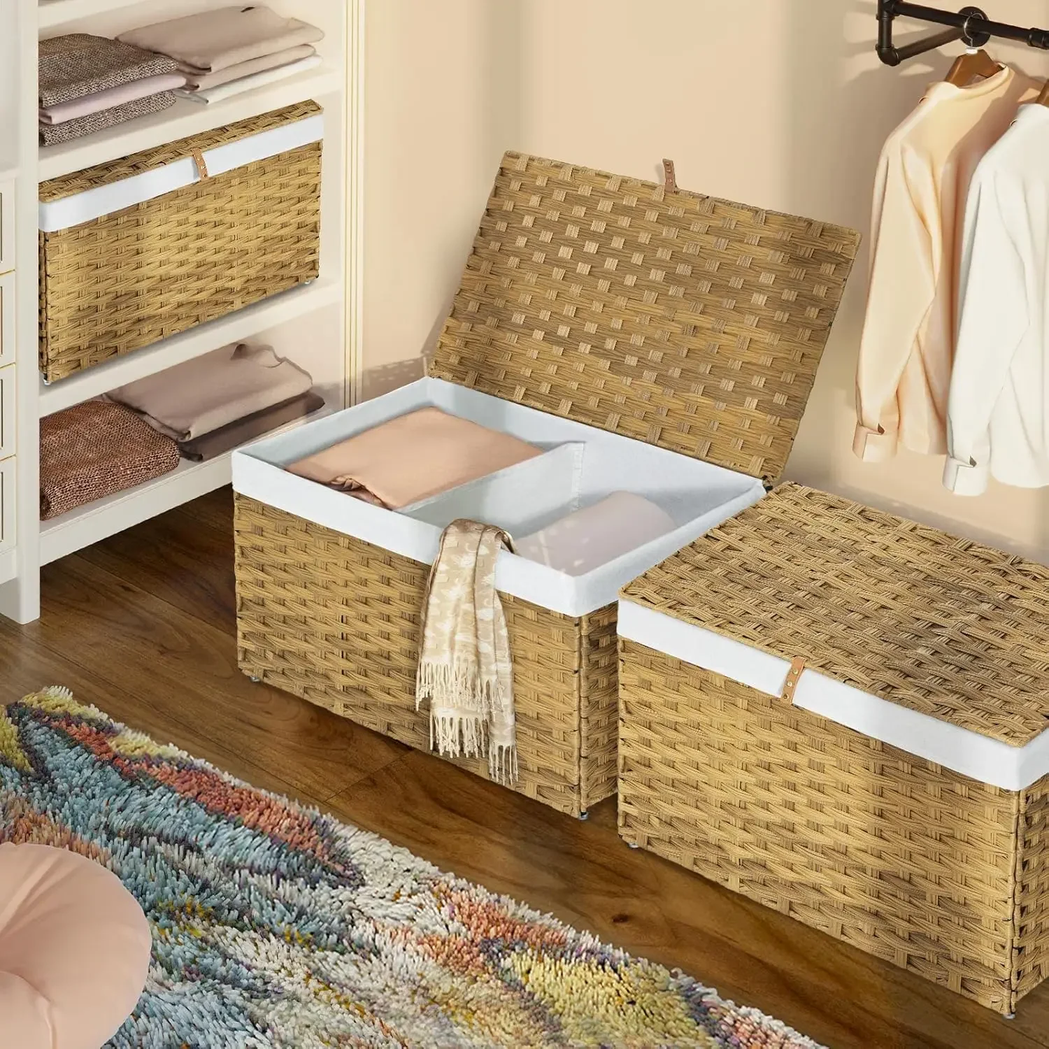 Storage Basket with Lid, Handwoven Large Shelf Basket with Cotton Liner and Metal Frame, Foldable & Easy to Install