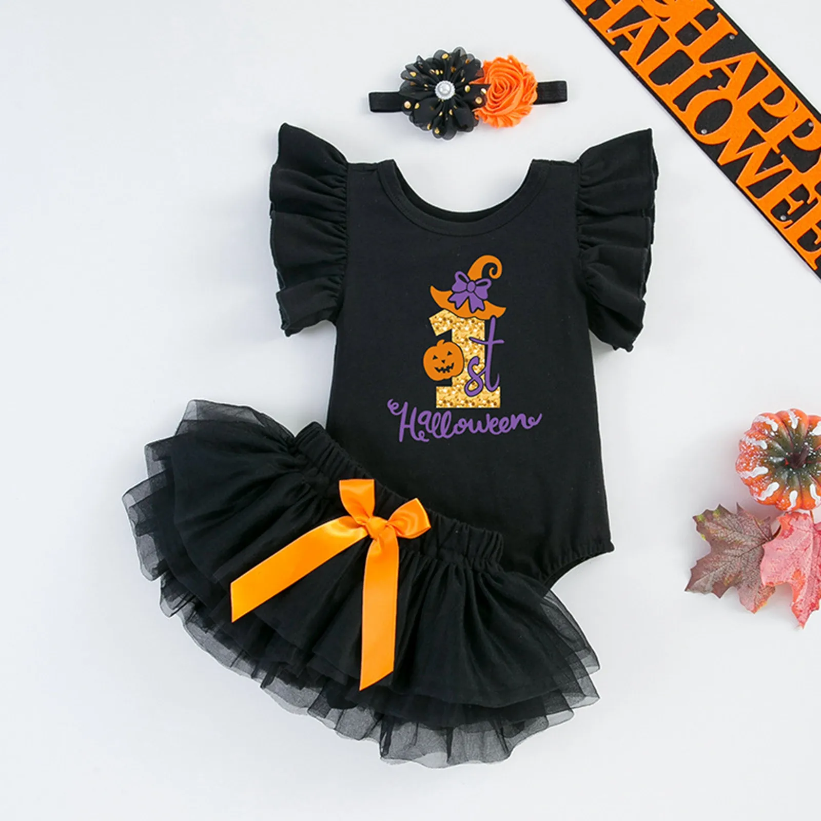 

Infant Baby Girls Clothes Outfits Halloween Pumpkins Letters Prints Romper Tops Skirt Hairband 3pcs Set Outfits for Baby Girls